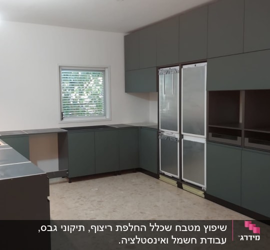 מטבח חדש עם ארונות כהים ומקרר מותקן